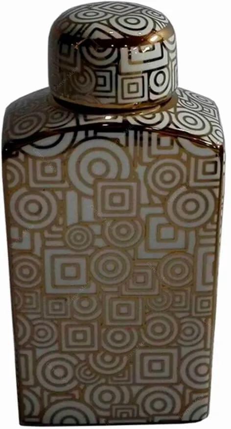 Vaso/ Pote Royal Quadrado Dourado/Branco Médio em Cerâmica - 27x13 cm