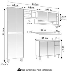 Cozinha Modulada 230cm 4 Peças Balcão e Aéreo Vanessa Amêndoa/Preto -