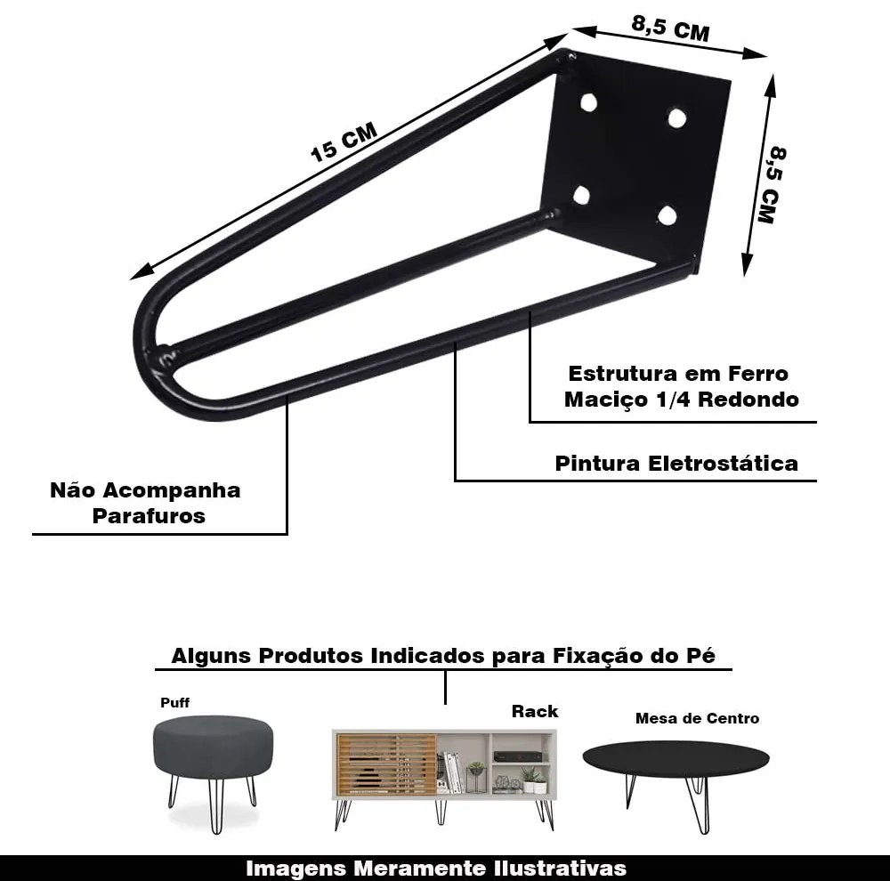 Kit 20 Pés de Metal 15 CM Hairpin Legs Mesas de Centro Puffs Preto G41