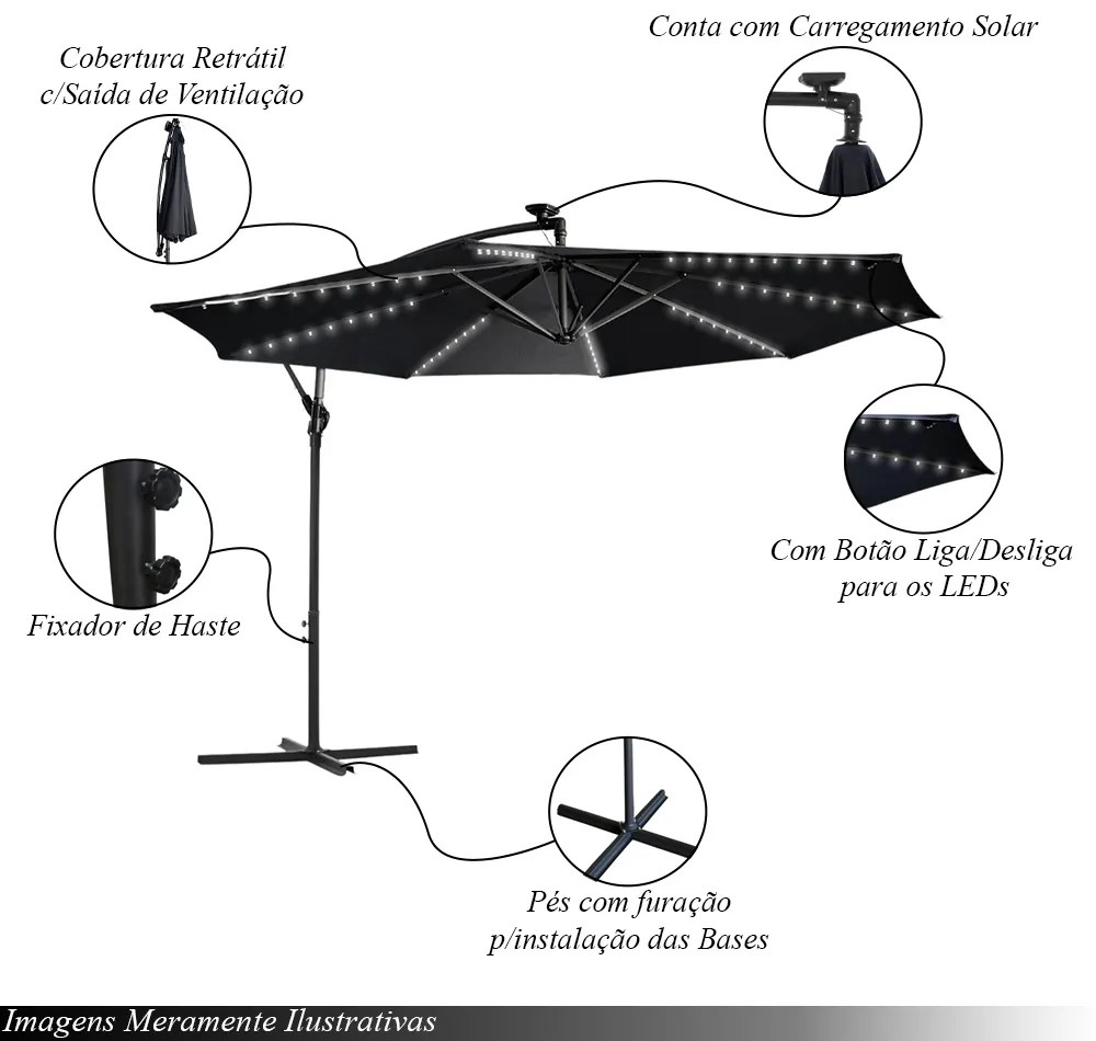 Ombrelone Externo Cobertura Retrátil 300cm Estrutura em Aço c/LED Preto G31 - Gran Belo