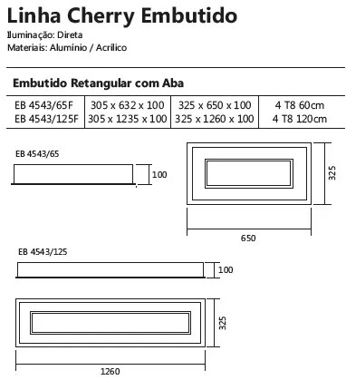 Luminária De Embutir Cherry Retangular 4L T8 120Cm 32,5X126X10Cm | Usi... (ND-B - Nude Brilho)