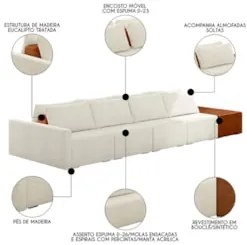 Sofá Ilha Modular Living com Puff 392cm Georgia Z08 Boucle Bege/Carame