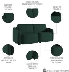 Sofá Cama Casal para Sala 216cm Polska Z08 Veludo Verde - Mpozenato