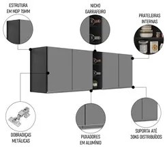 Armário de Cozinha Aéreo Califórnia Kit 2 e Nicho Adega Riad 180cm Pre