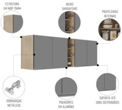 Armário de Cozinha Aéreo Califórnia 180cm Kit 2 com Nicho Adega Castan