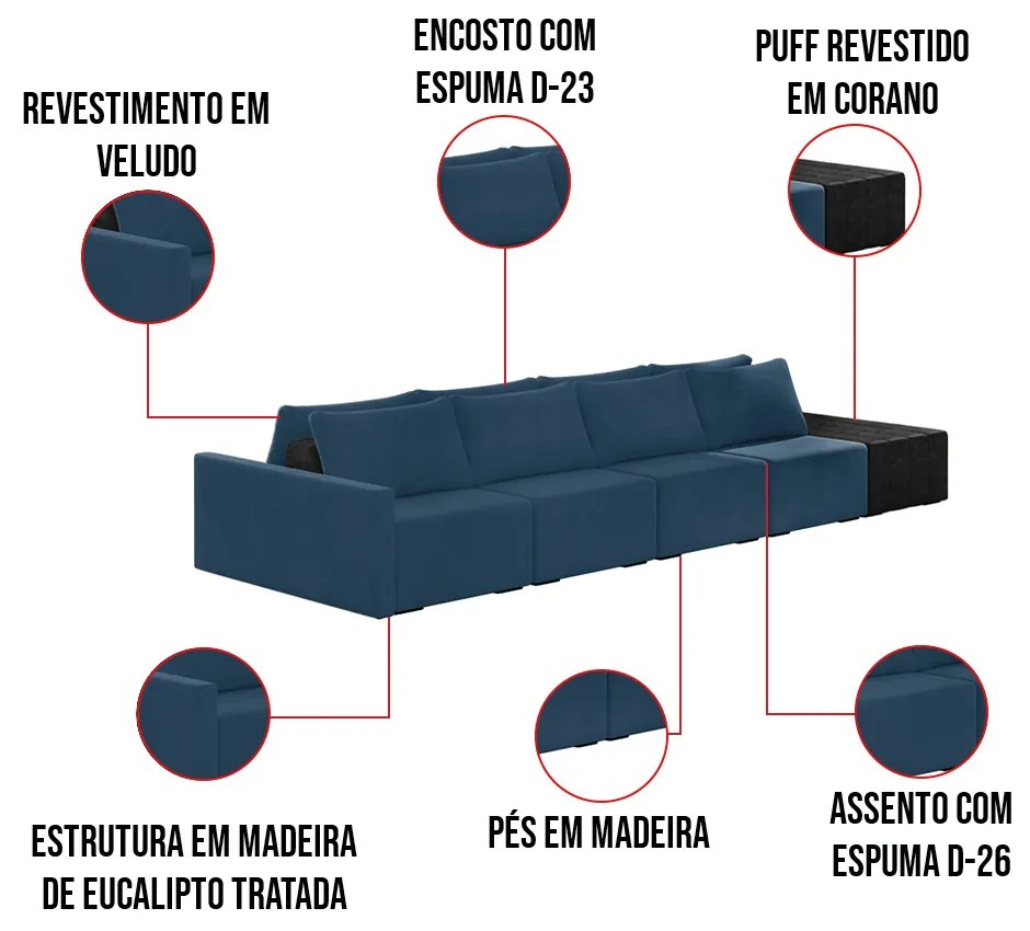 Sofá Ilha 4 Lugares Living 392cm Modulado Sala Lary Veludo/PU Pto K01 - D'Rossi - Azul Marinho