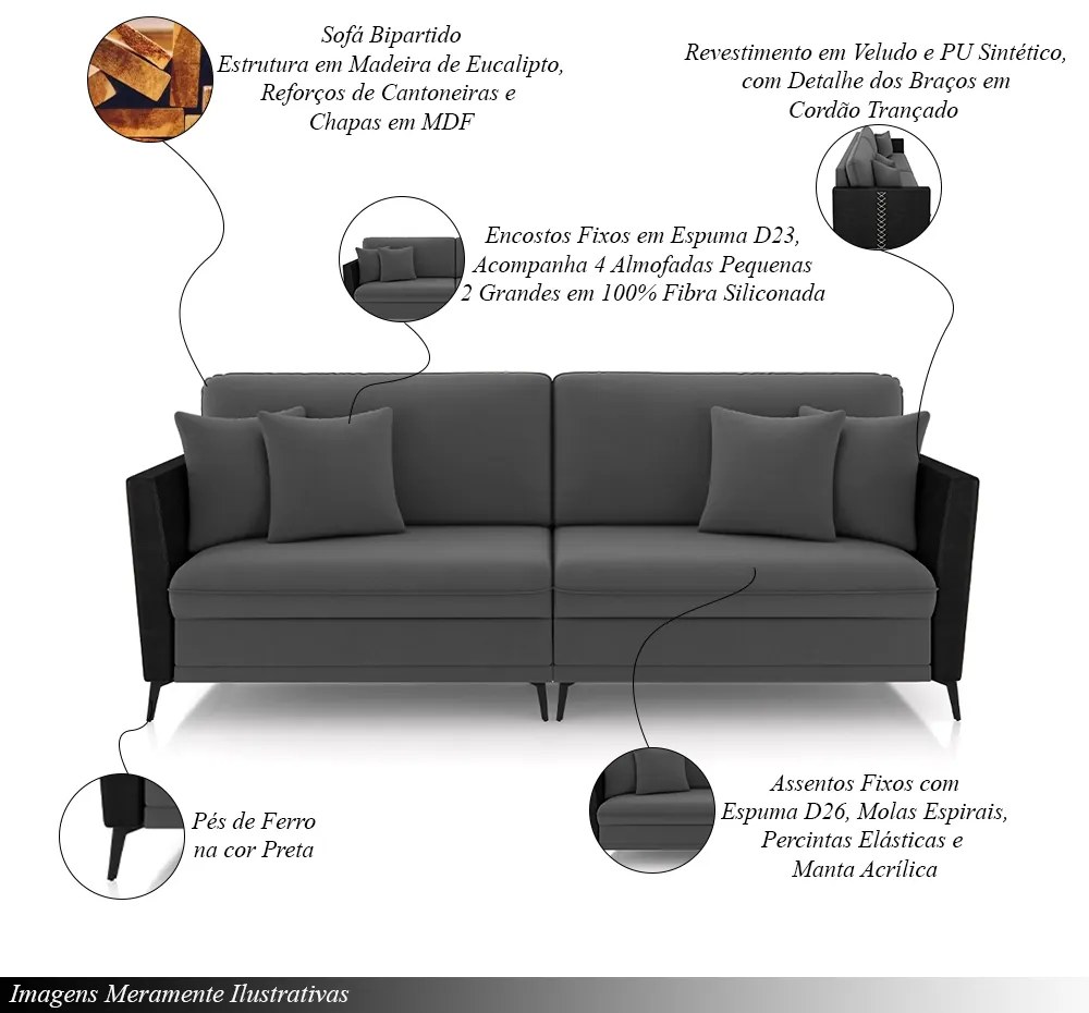 Sofá Living Decorativo Zagreb 3 Lugares 262cm com Almofadas Pés de Ferro Veludo/PU Grafite/Preto G33 - Gran Belo