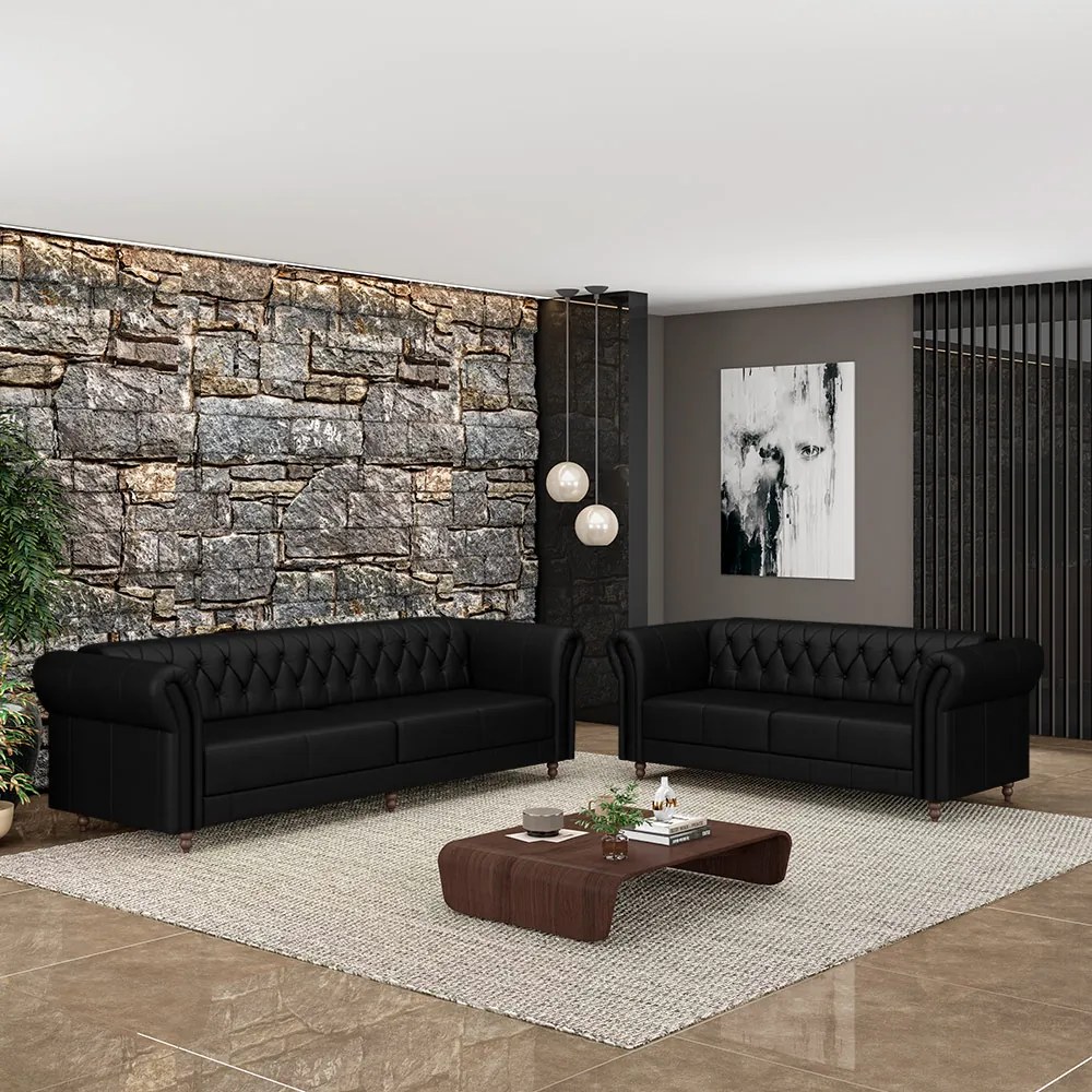 Conjunto de Sofá Sala de Estar Stanford Chesterfield 2 e 3 Lugares 200cm/260cm Pés Madeira Couro Preto Brilho G58 - Gran Belo