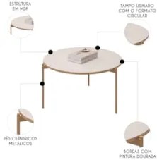 Mesa de Centro Redonda Para Sala Pé Metal Nala D04 Off White - Mpozena