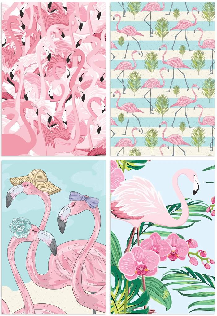 Kit de Placas Decorativas Flamingos Tropicais 4un 30x40cm