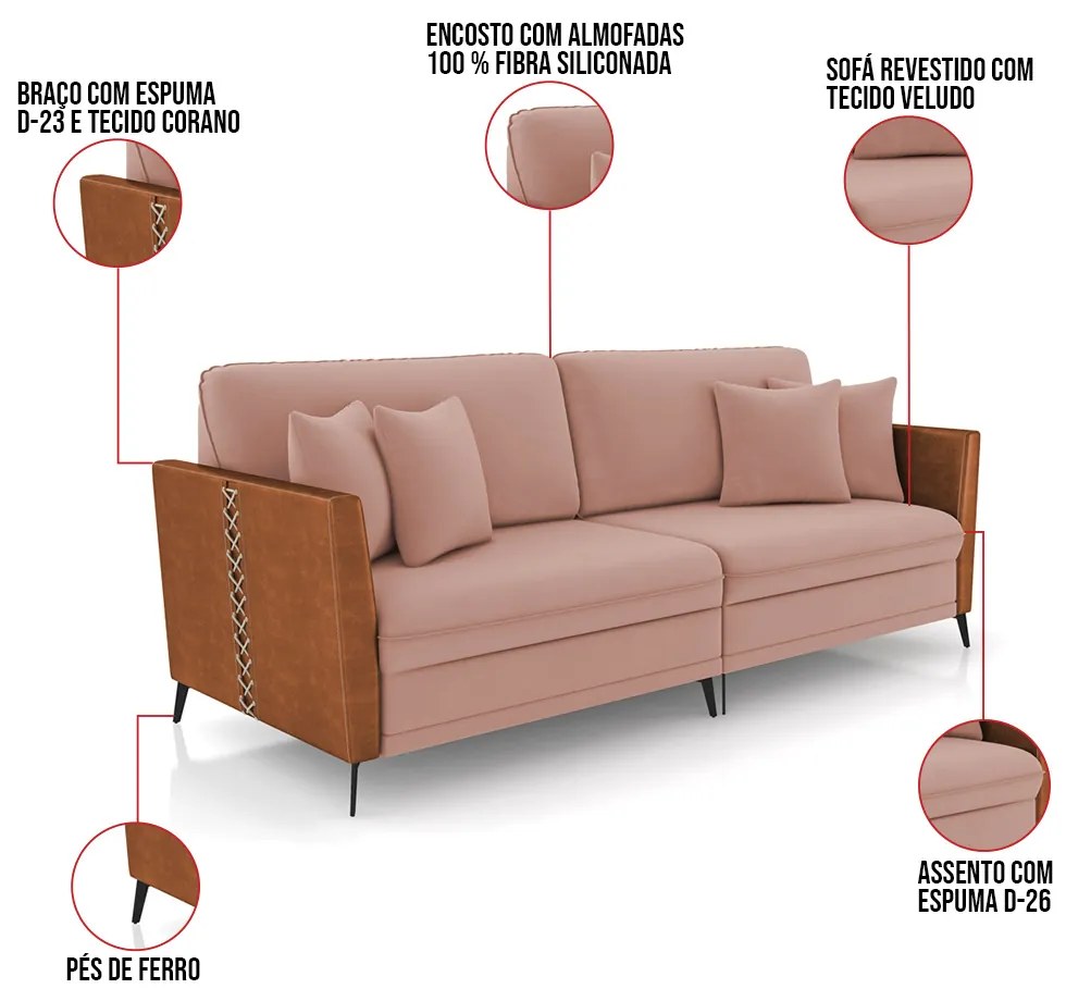 Sofá 2 Lugares Living 182cm Mondaí Sintético Nozes/Veludo Rosê K01 - D'Rossi