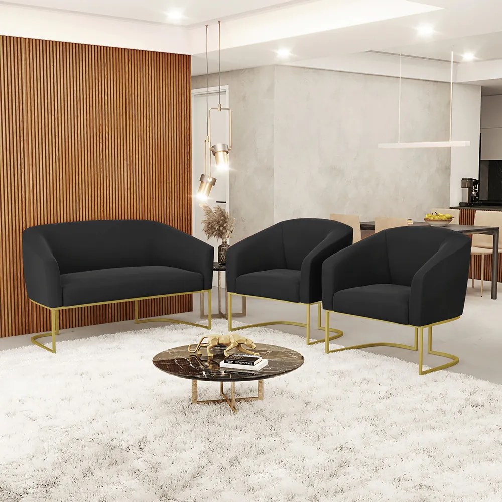 Namoradeira e 2 Poltronas Industrial Dourado Stella Suede Preto D03 - D'Rossi