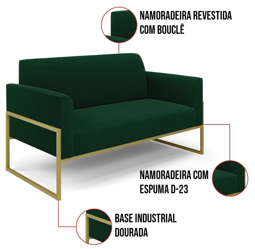 Namoradeira e 2 Poltronas Industrial Alta Dourado Marisa Bouclê Verde D03 - D'Rossi