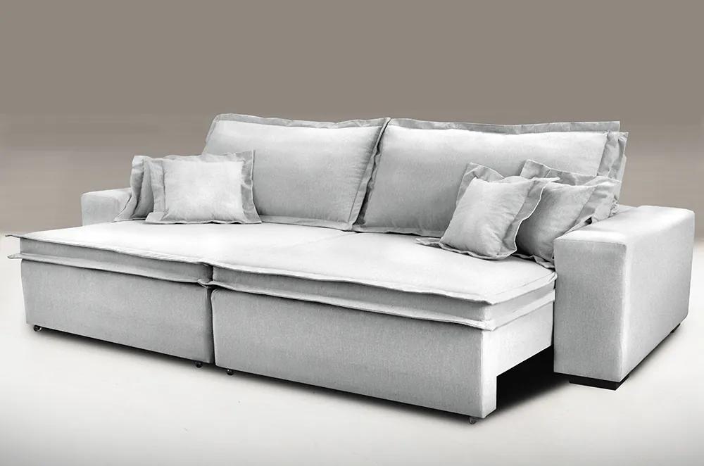 Sofa Retrátil E Reclinável Com Molas Cama Inbox Premium 2,72m Tecido Em Linho Cinza Claro