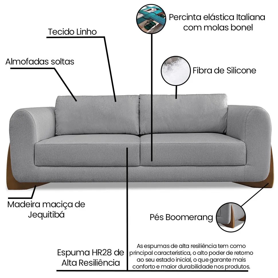 Sofá 3 Lugares Base de Madeira Clarissa 230 cm Linho S04 - D'Rossi - Cinza