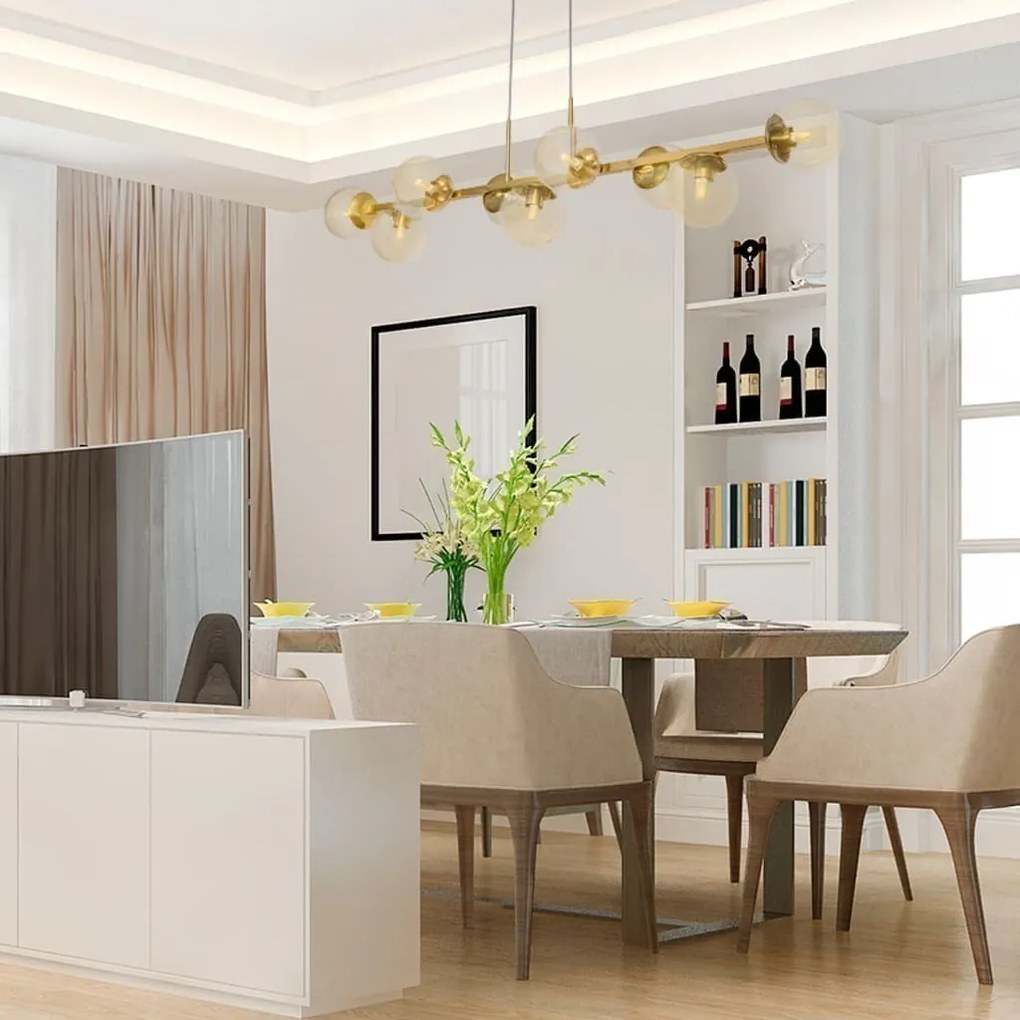 Pendente Mousse C/ 9 Globos 121Cm 9Xg9 / Cabos Cristal / Metal E Globo... (DR-V - Dourado Escovado, CLEAR)