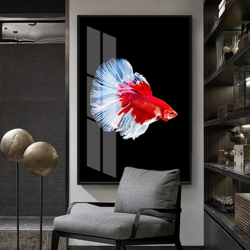 Quadro 150x100cm Abstrato THE FISH Vidro Cristal e Moldura Preta Decorativo Interiores - Oppen House