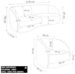 Sofá 4 Lugares Orgânico 318cm e Poltrona Zion M22 Veludo Bege - Mpozen