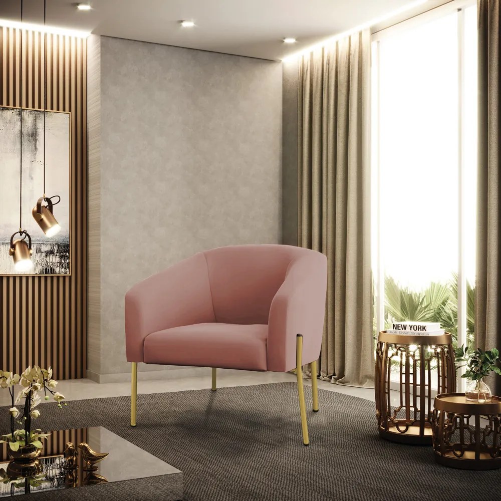 Poltrona Decorativa Pé de Ferro Dourado Stella Veludo Rosê D03 - D'Rossi