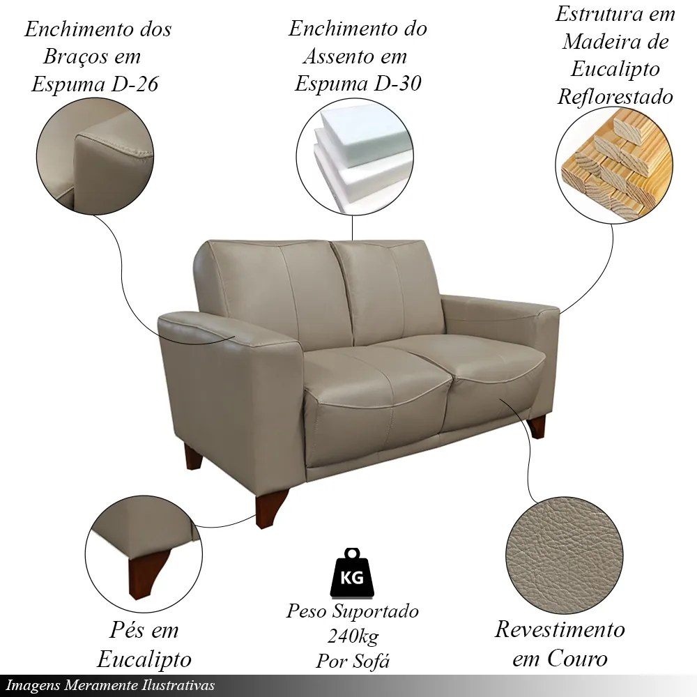 Conjunto de Sofás Decorativos 2 e 3 Lugares Emily Sala de Estar Pés em Eucalipto Couro Avelã G40 - Gran Belo