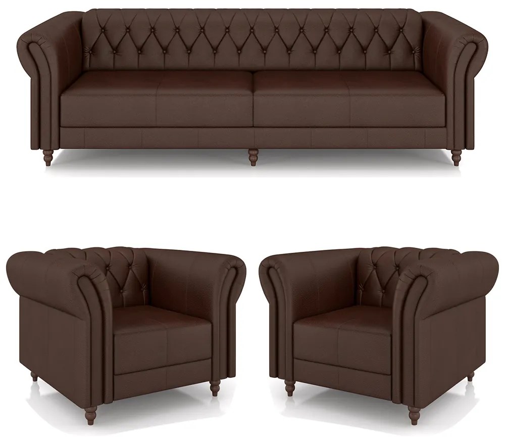 Conjunto Sala de Estar 1 Sofá Living 240cm e 2 Poltronas Stanford Chesterfield Pés Madeira Couro Marrom Brilho G58 - Gran Belo