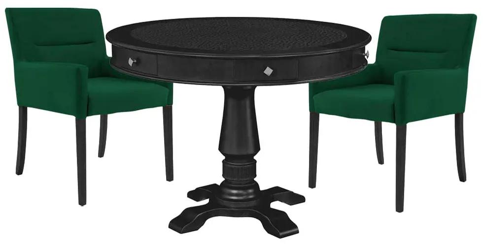 Mesa de Jogos Carteado Redonda Victoria Tampo Reversível Preto com Kit 2 Cadeiras Vicenza Suede Verde G36 G15 - Gran Belo