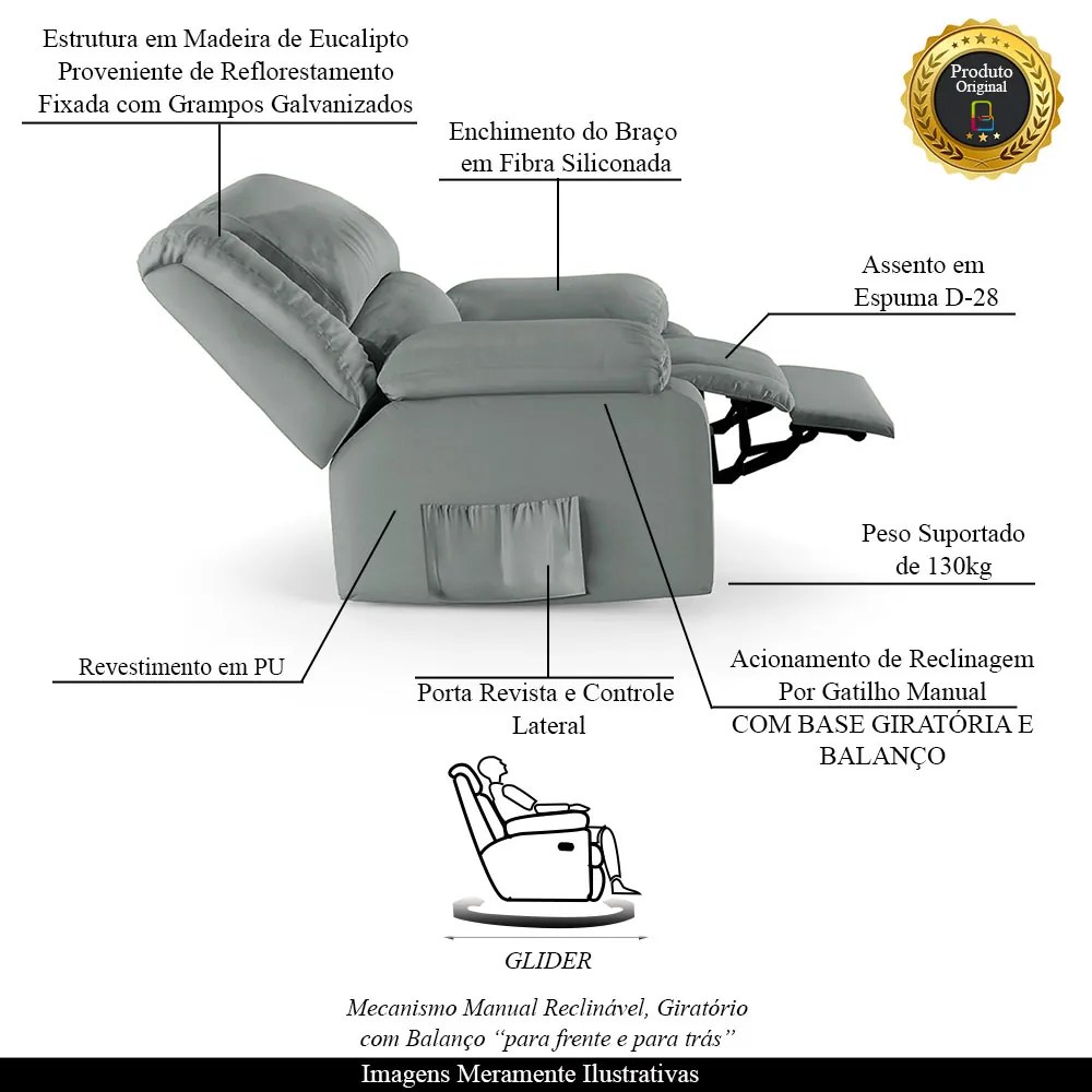 Poltrona do Papai Reclinável Melim Glider Giratória PU Cinza FH1 - D'Rossi