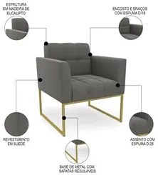 Poltrona Base Industrial Dourado Kit 2 Ana Suede Grafite - Ibiza