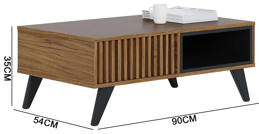 Mesa de Centro Para Sala Retangular 1 Nicho karin C04 - D'Rossi - Noce Milano e Preto Fosco