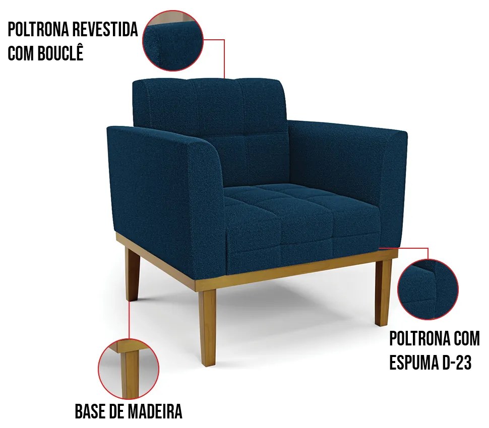 Poltrona Sala Base Madeira Fixa Castanho Kit 2 Elisa Bouclê D03 - D'Rossi - Azul