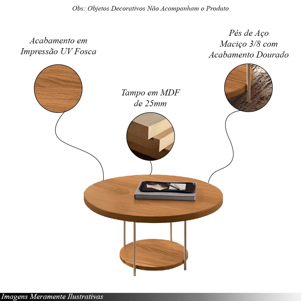 Mesa de Centro Sky Sala de Estar com Tampo MDF Pés em Aço Cinamomo G26 - Hb Móveis