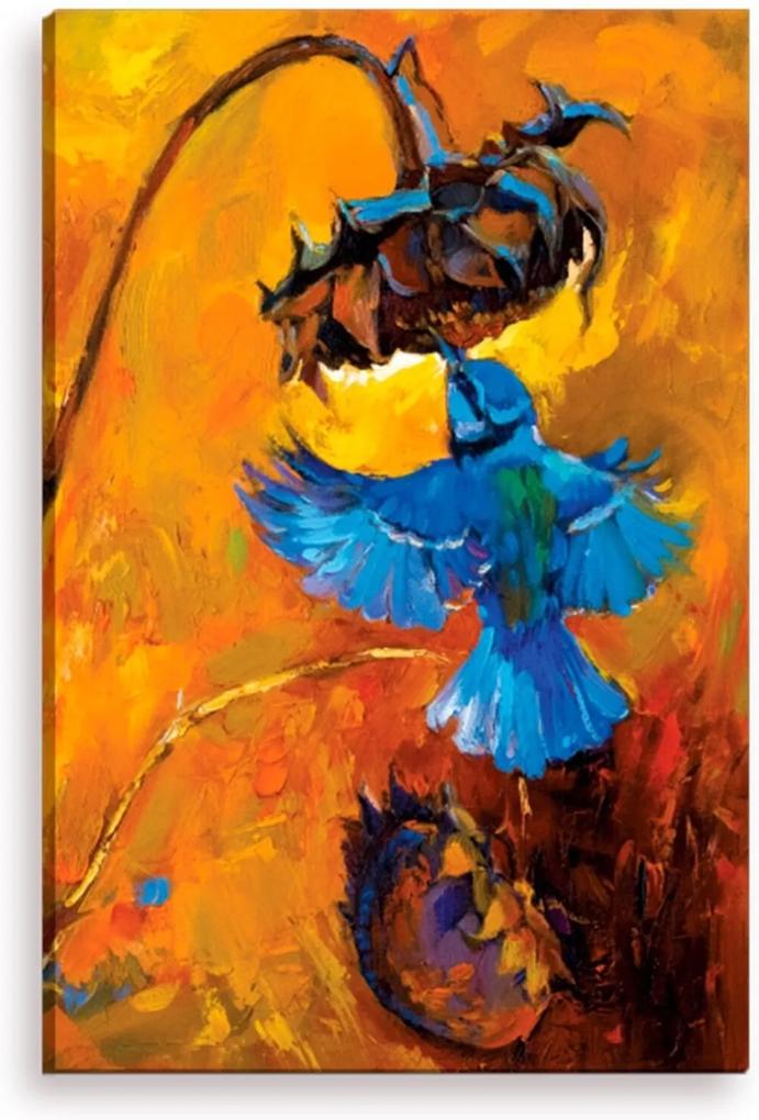 Tela Decorativa Estilo Pintura Beija-flor no Girassol - Tamanho: 90x60cm (A-L) Unico