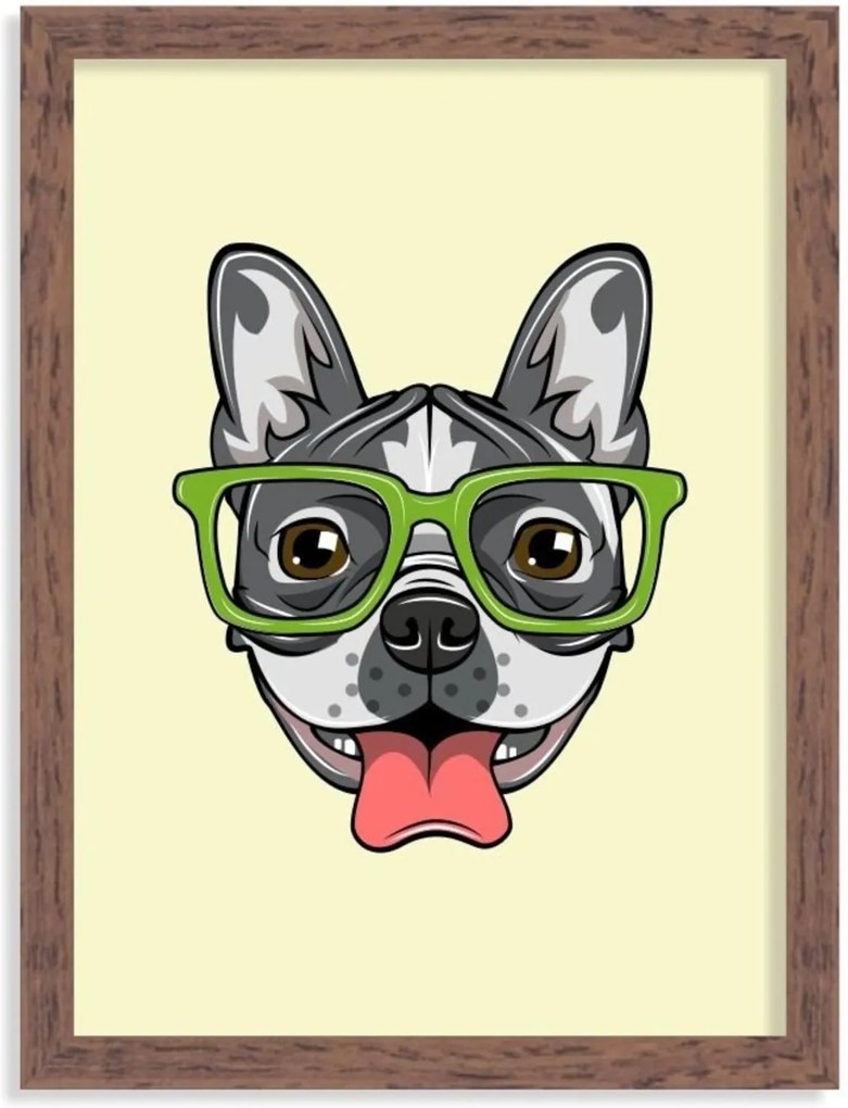 Quadro Decorativo Bulldog Francês com Óculos Verde Madeira - Médio