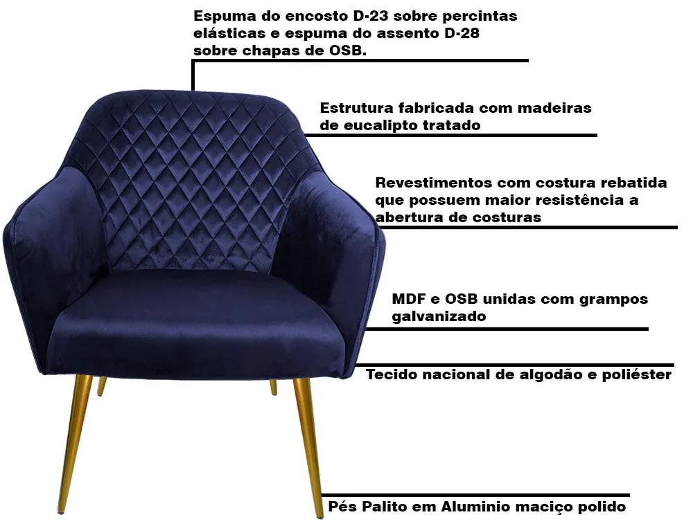 Kit 2 Poltronas Decorativas Versalhes Pés Palito Gold Veludo Azul Marinho G15 - Gran Belo
