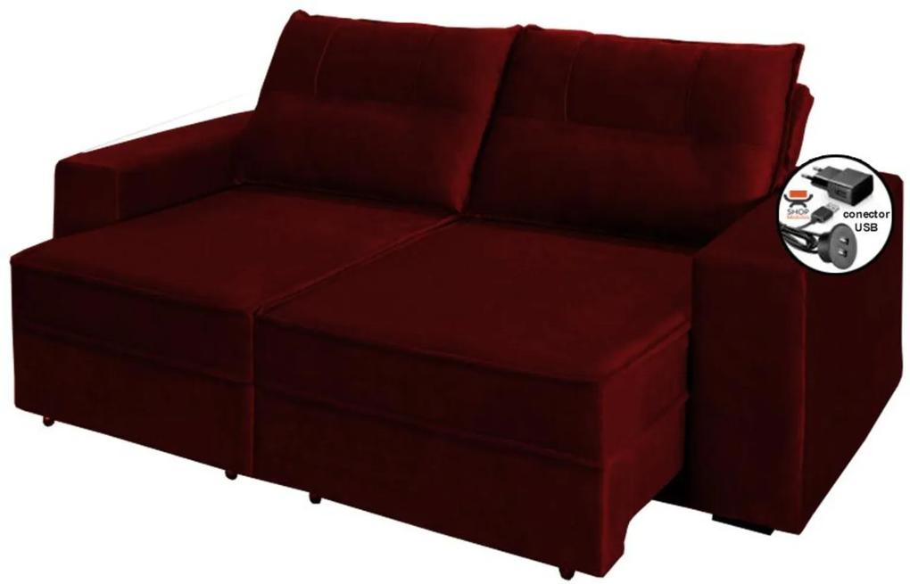 Sofa 2 Lugares Retratil Reclinavel Versatile 2,00 M com USB Suede Vermelho