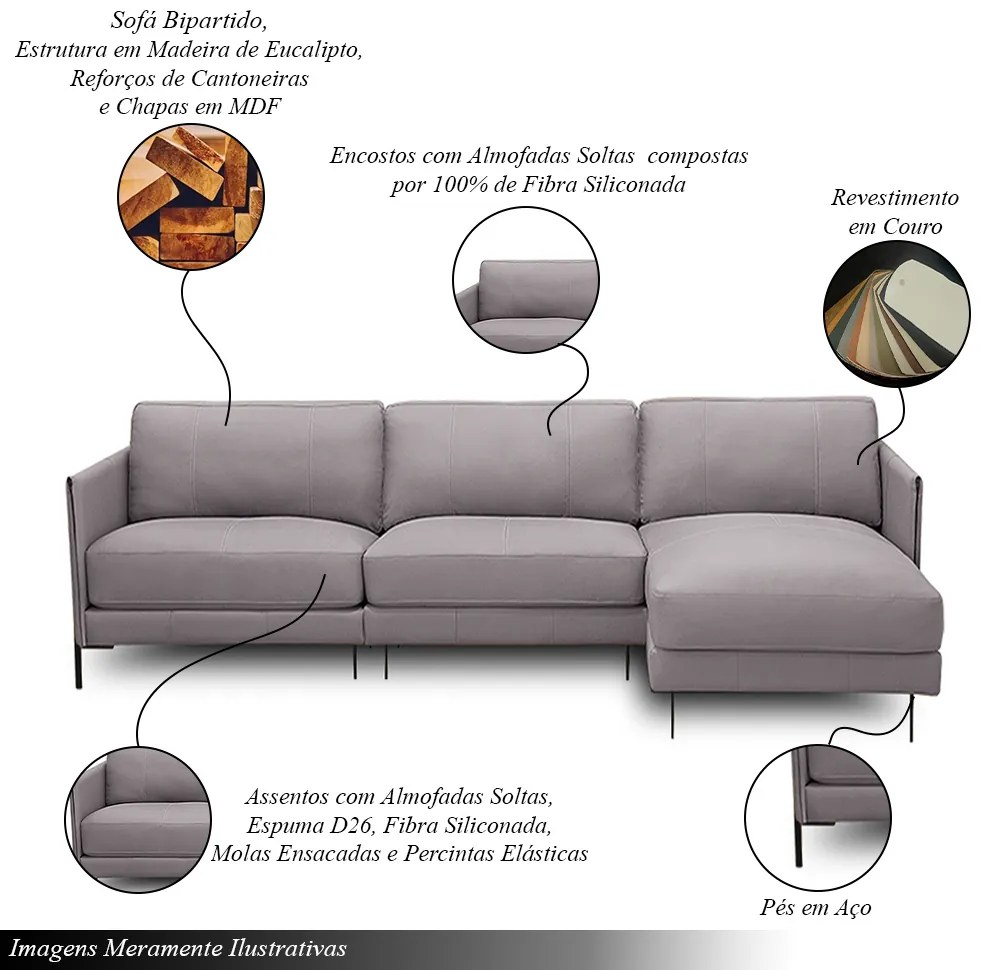 Sofá Decorativo Karine 6 Lugares Sala de estar 360cm com Chaise Pés em Aço Couro Avelã G88 - Gran Belo