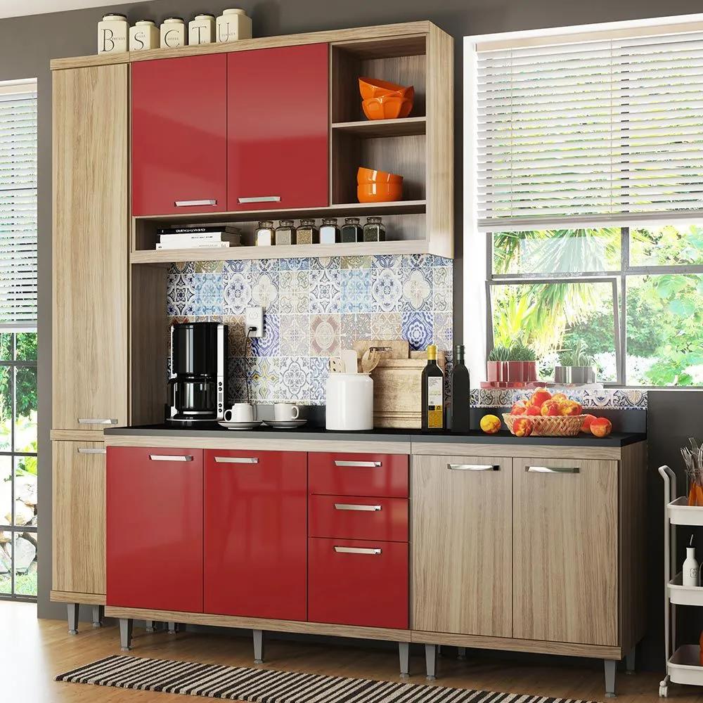 Cozinha Compacta 8 Portas Sicília Com Tampo 5813 Vermelho/Argila - Multimóveis