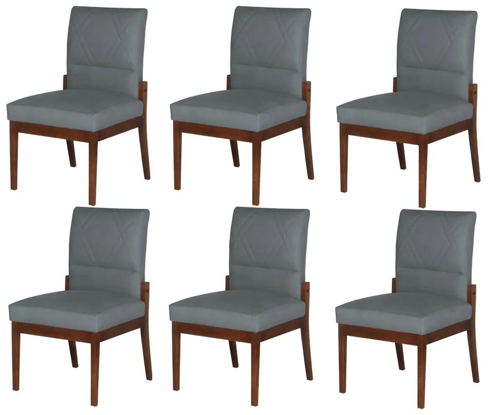 Conjunto 6 Cadeiras De Jantar Aurora Base Madeira Maciça Estofada Suede Cinza