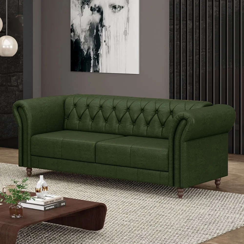 Sofá Living Sala de Estar Stanford Chesterfield 2 Lugares 200cm Pés de Madeira Couro Verde Manchado G58 - Gran Belo