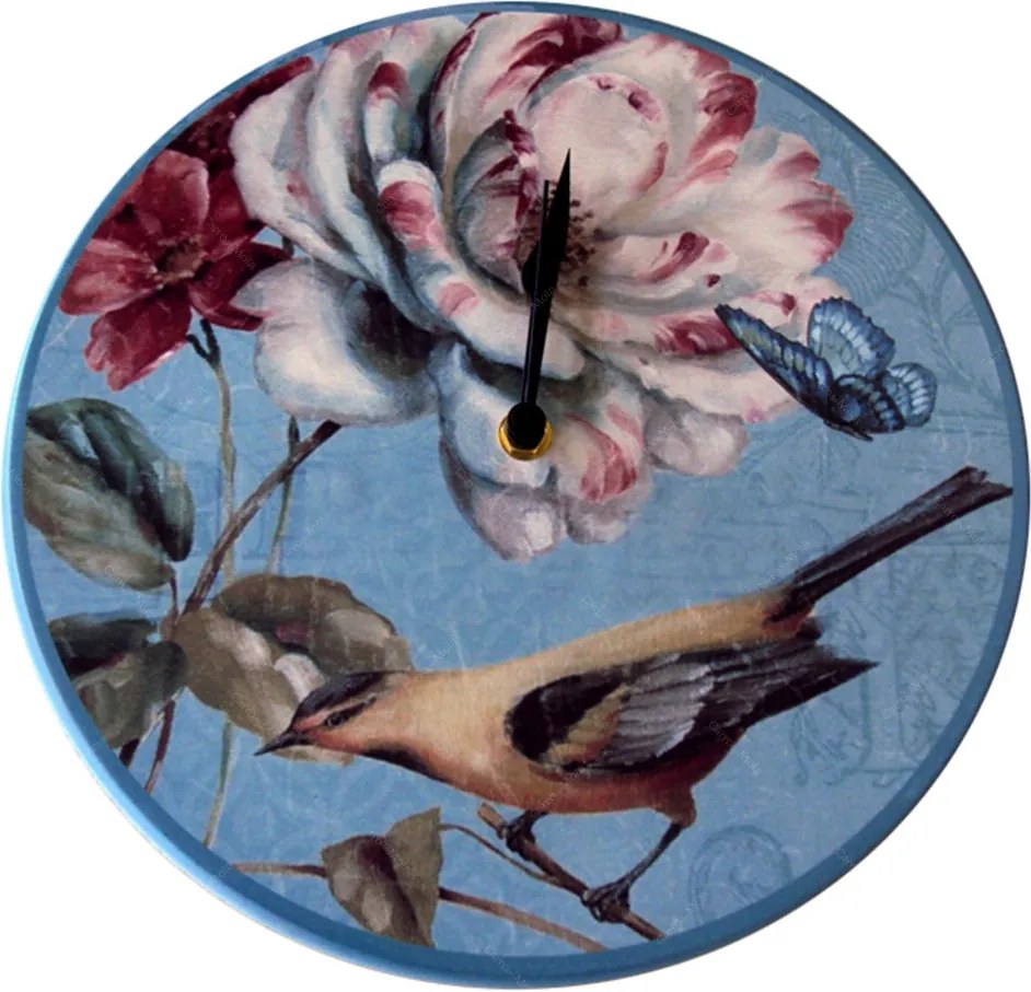 Relógio de Parede Flor Pássaro e Borboleta em Madeira MDF - 28 cm