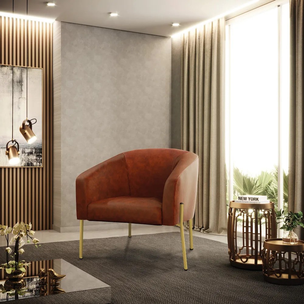 Poltrona Decorativa Pé de Ferro Dourado Kit 2 Stella Sintético PU D03 - D'Rossi - Nozes