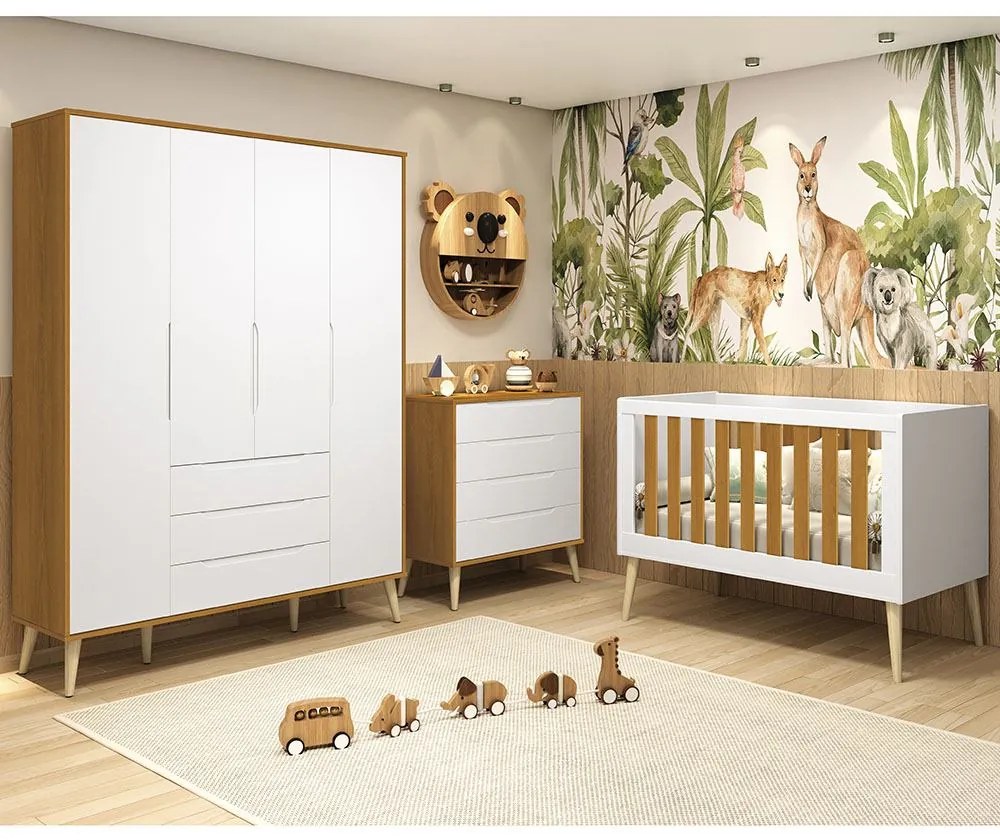 Kit Quarto Infantil com Pés Retrô Natural - Cômoda Elfe 4 Gavetas + Guarda-Roupa Elfe + Berço Mini Cama Noah - Branco e Savana