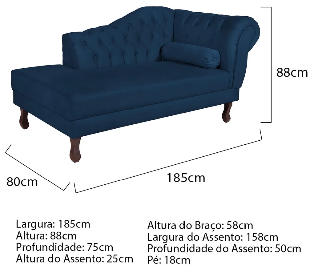 Recamier Diana 185cm Lado Esquerdo Suede Azul Marinho - ADJ Decor