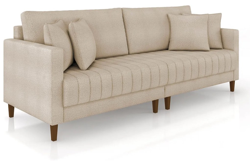 Sofá 3 Lugares Living 196cm Pés Madeira Cléo Bouclê K01 - D'Rossi - Creme