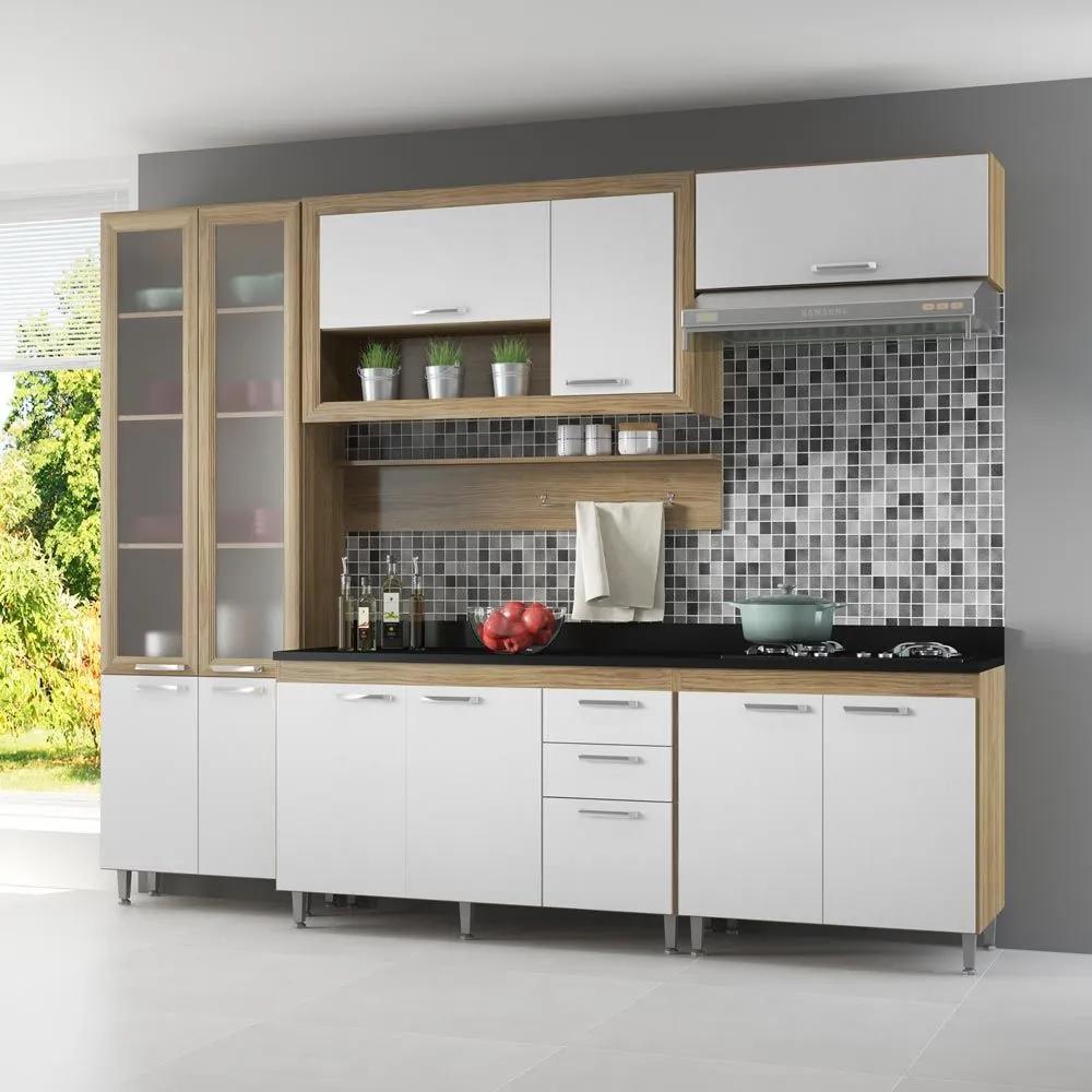 Cozinha Compacta 11 Portas Com Tampo Pt e Vidro 5723 Branco/Argila - Multimóveis