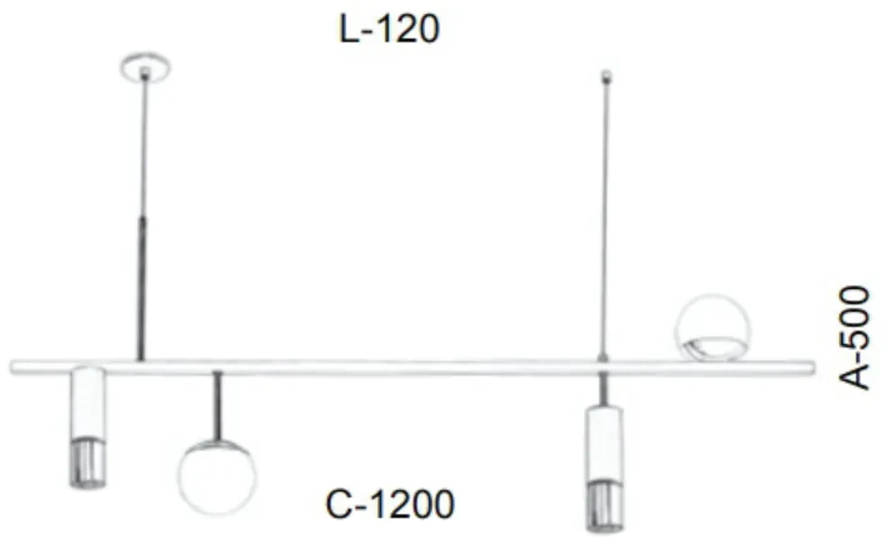 Pendente Retangular Misto 120X12X50Cm Tubo Metal E Globo Ø10Cm 02Xmr11... (COBRE FOSCO, CLEAR (TRANSPARENTE))
