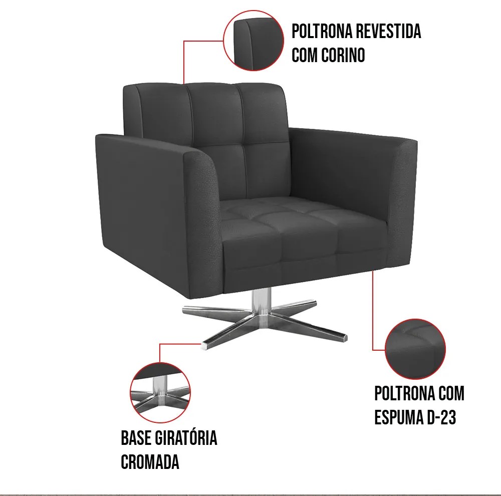 Poltrona Elisa Base Giratória Cromado Sintético Preto - D'Rossi