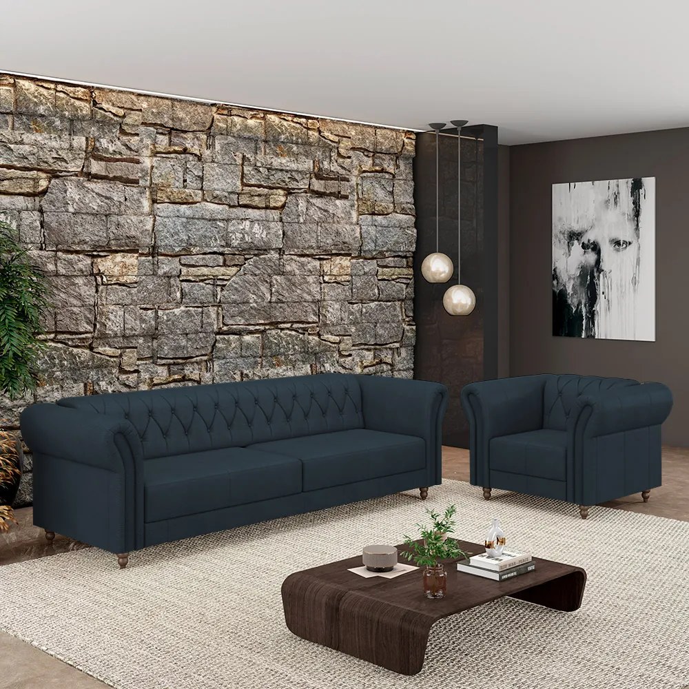 Conjunto Sala de Estar 1 Sofá Living 180cm e 1 Poltrona Stanford Chesterfield Pés Madeira Couro Azul Marinho G58 - Gran Belo