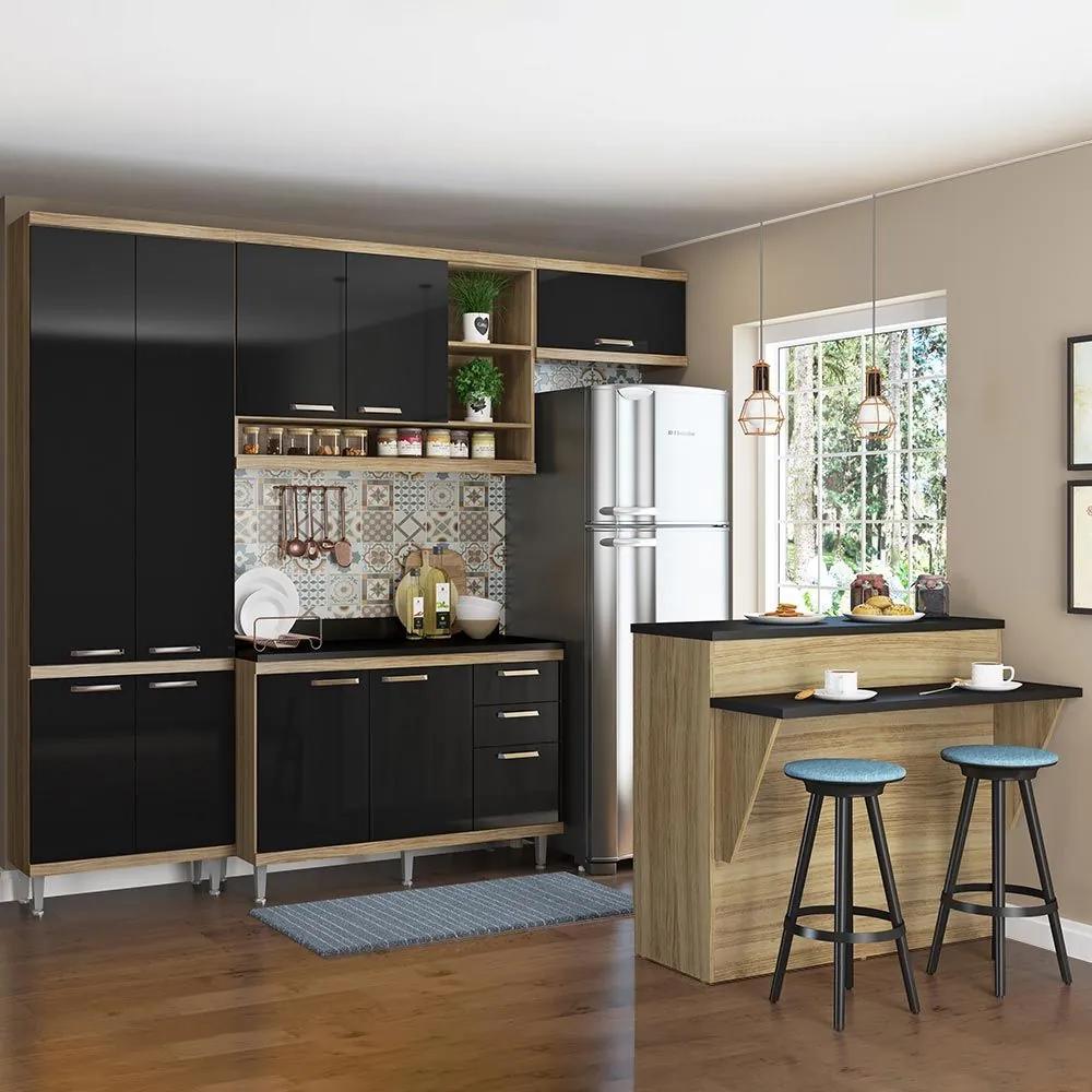 Cozinha Compacta 11 Portas Com Tampo e Bancada 5846 Preto/Argila - Multimóveis