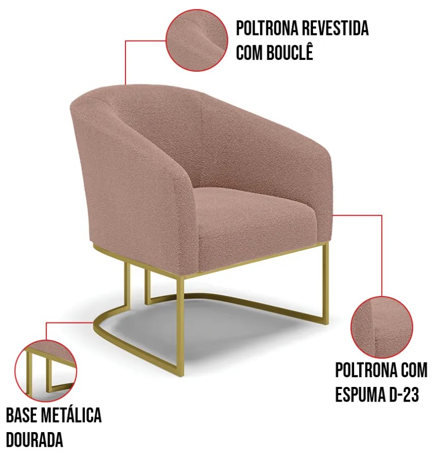 Poltrona Decorativa Base Industrial Dourado Stella Bouclê D03 - D'Rossi - Rose